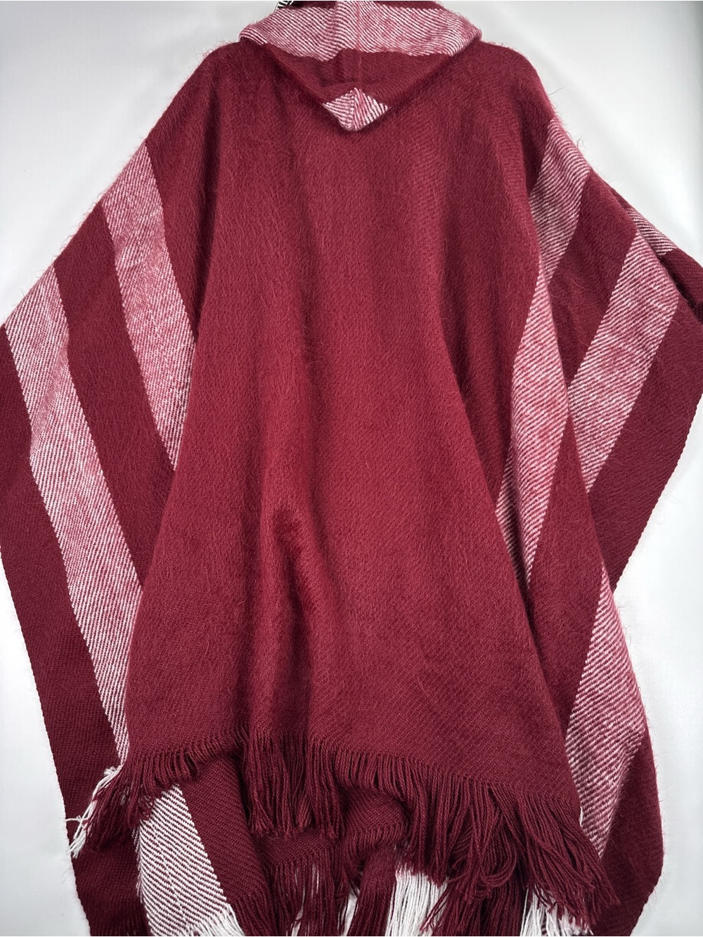 Gamboa Alpaca Wool Hooded Poncho Striped Fringe Made in Peru Burgundy OS - Picture 3 of 8